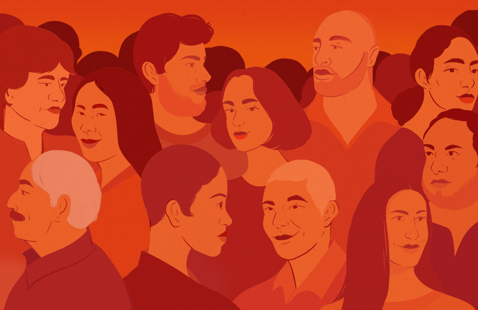 An illustration of many faces in a crowd.