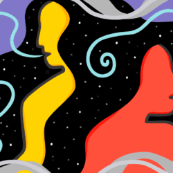 Conceptual illustration with two profiles of people with light blue spiralled lines coming out of their mouths.